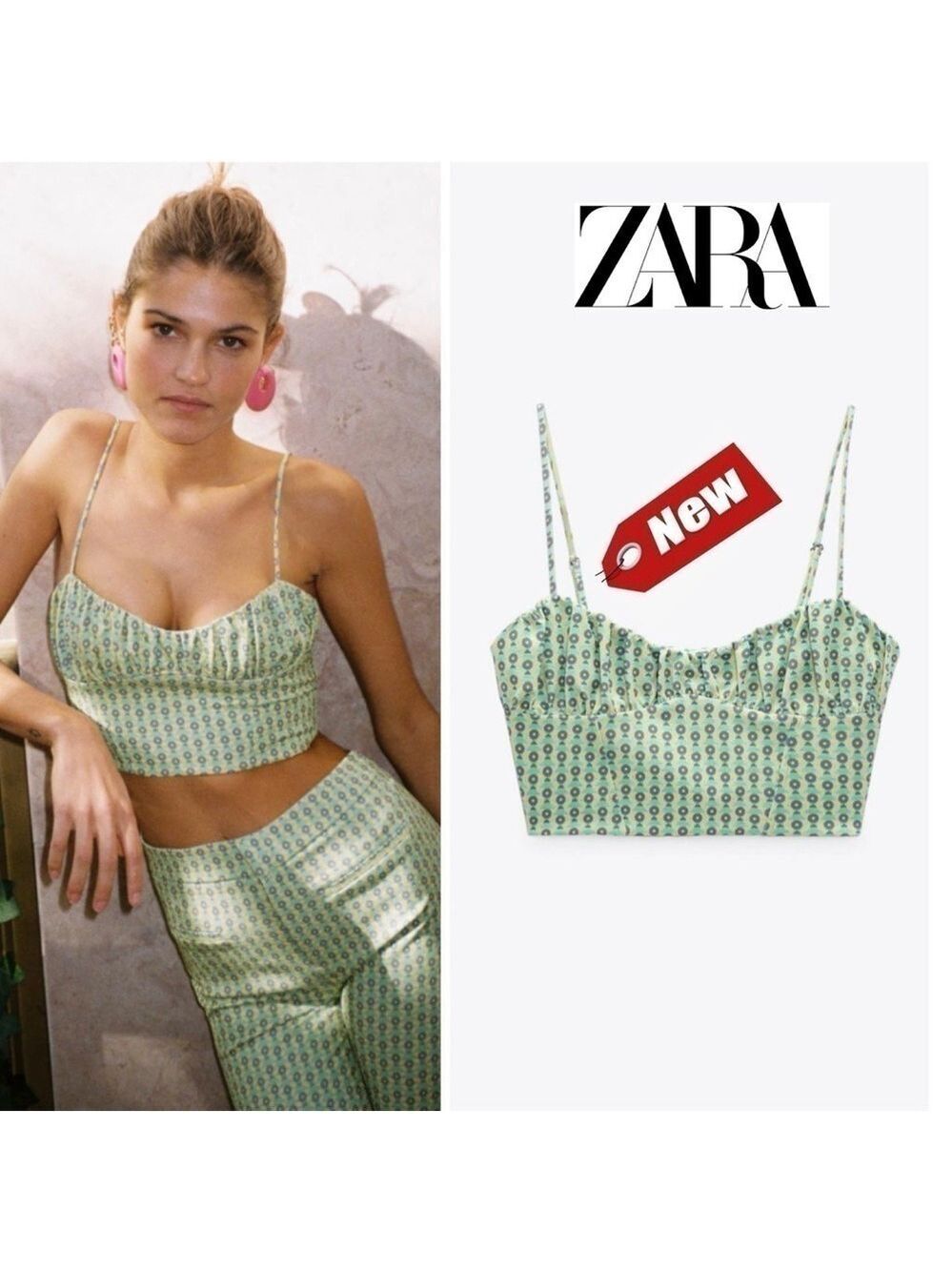 Zara mint green printed corset spaghetti strap crop top Sz S NWT